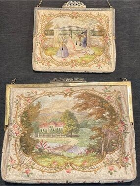 VINTAGE PETIT POINT WOVEN SILK TAPESTRY AUSTRIAN SCENIC EVENING BAG & COIN BAG